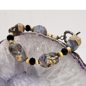 Blue Marbled Chalcedony Nugget Heart Toggle Fashion Bracelet
